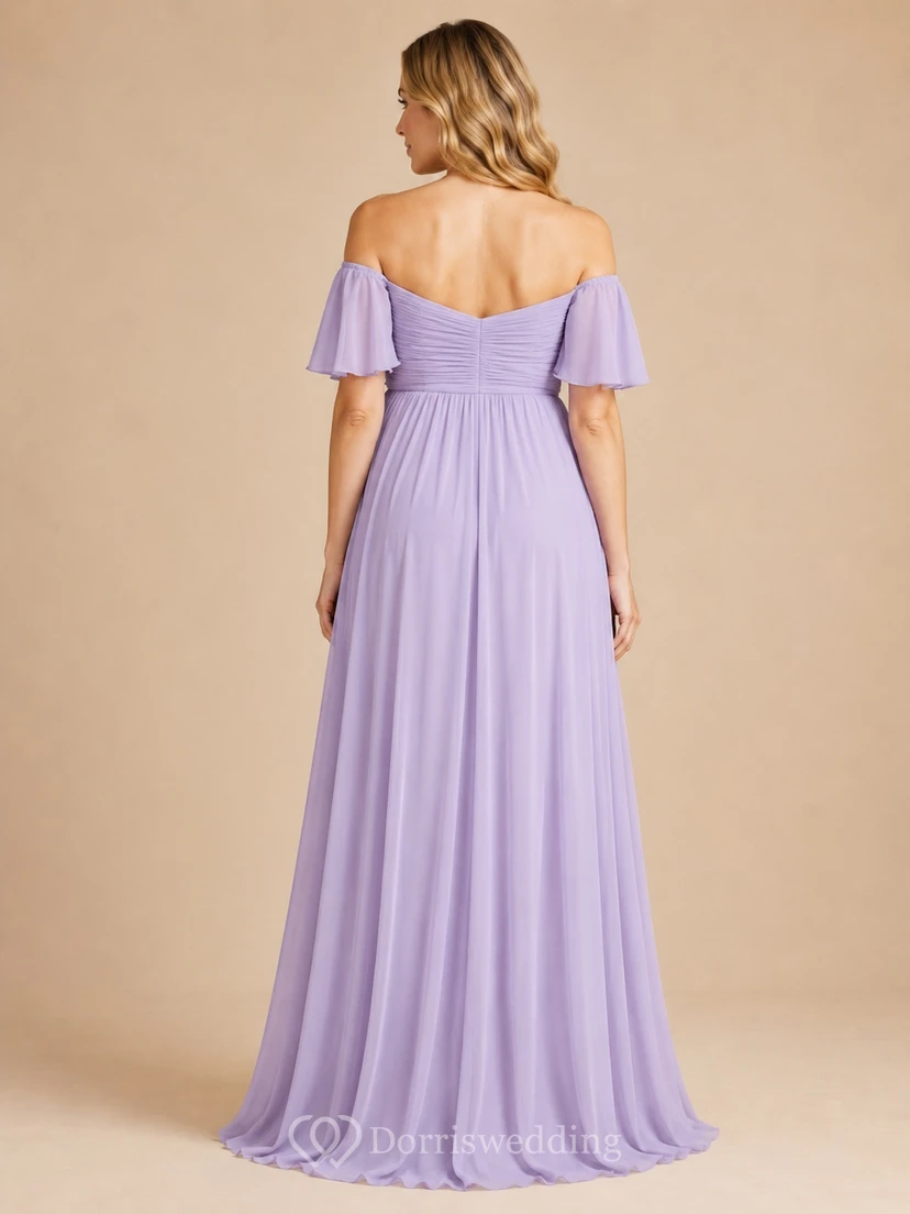 Lavender Maternity Off-Shoulder A-Line Floor-Length Short-Sleeve Chiffon Romantic Evening Gown view 2
