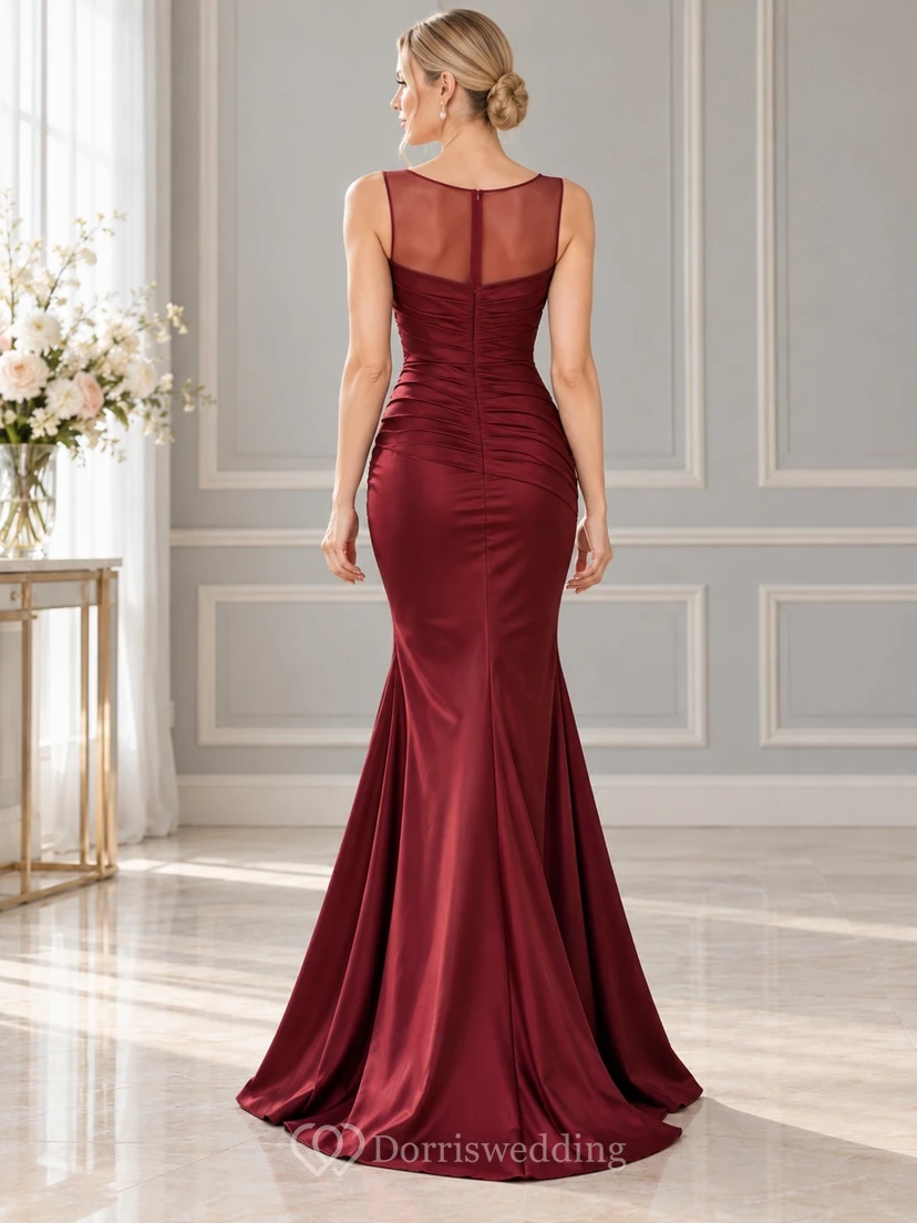 Burgundy Illusion Sweetheart Ruched Satin Sleeveless Trumpet Formal Gown view 2
