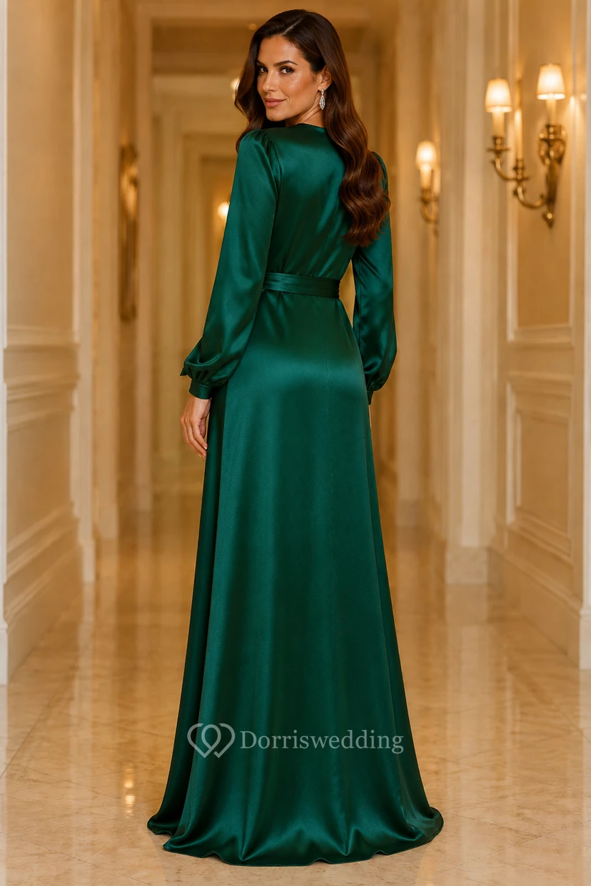 Dark Green Long Sleeve Satin Wrap Evening Dress with V-Neck, Sash Waist and Front Slit view 2