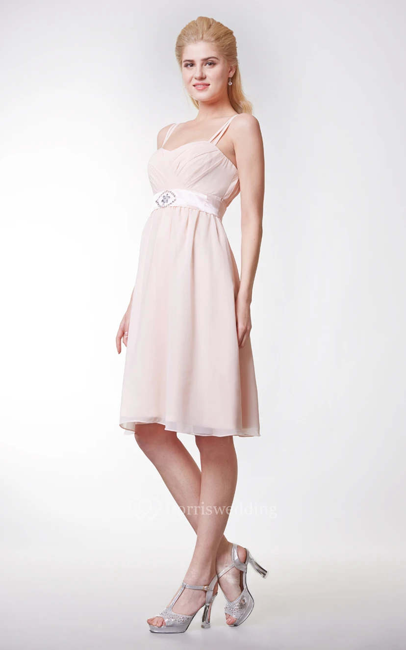 Cute Knee Length Spaghetti Straps Chiffon A-line Dress With Bow view 2