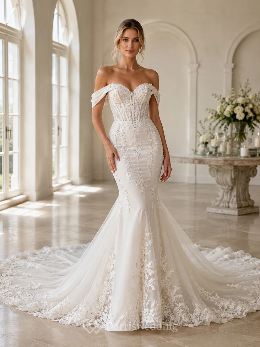 Robe de mariée vintage en dentelle, épaules dénudées, manches courtes, style sirène, traîne chapelle, ornée d'appliqués floraux.