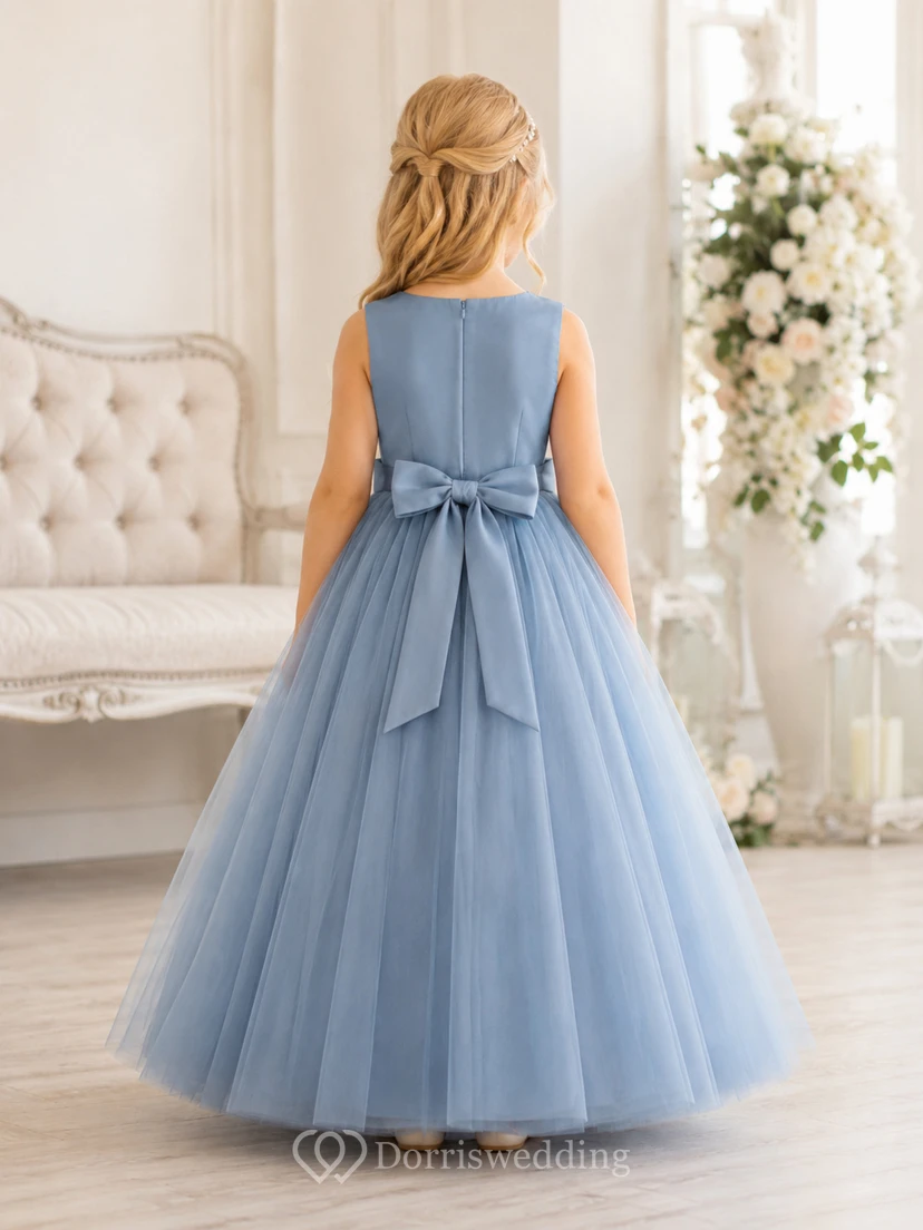 Dusty Blue Tulle A-Line Flower Girl Dress with Jewel Neck, Floor-Length Skirt and Bow Detail view 2