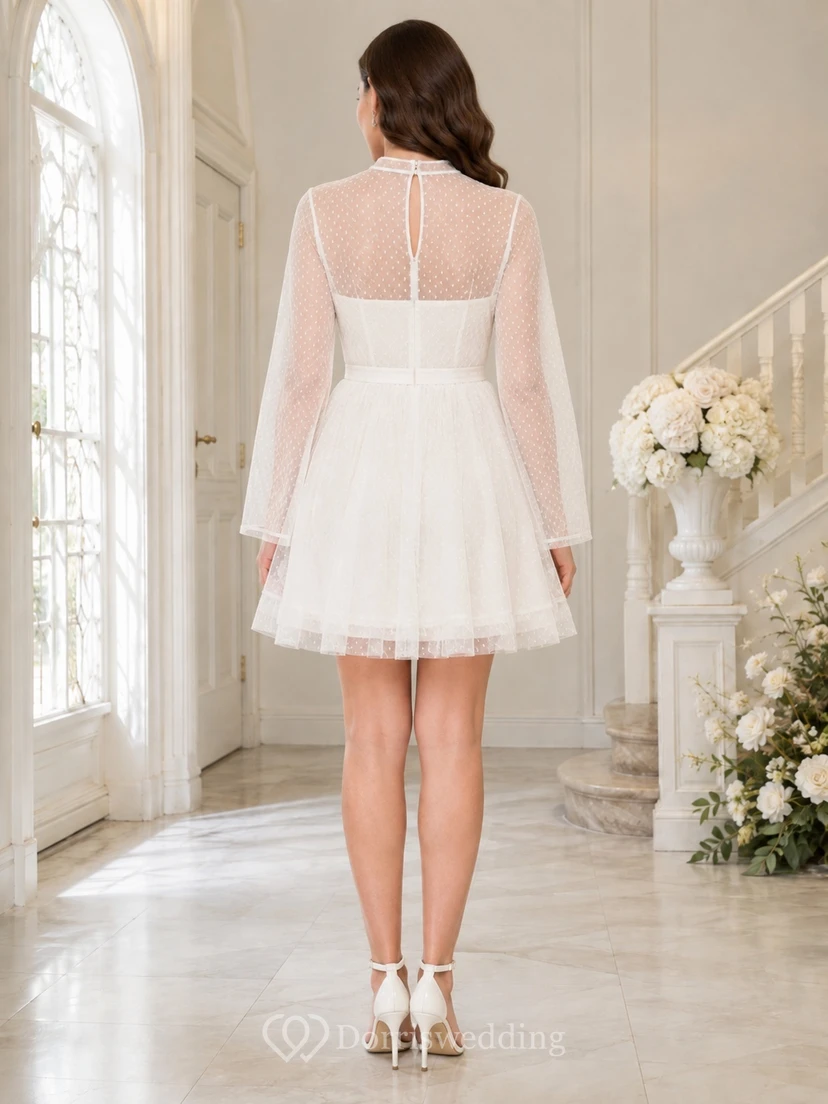 White Tulle Jewel Neck Sweetheart Illusion Long Sleeve A-Line Short Dress view 2