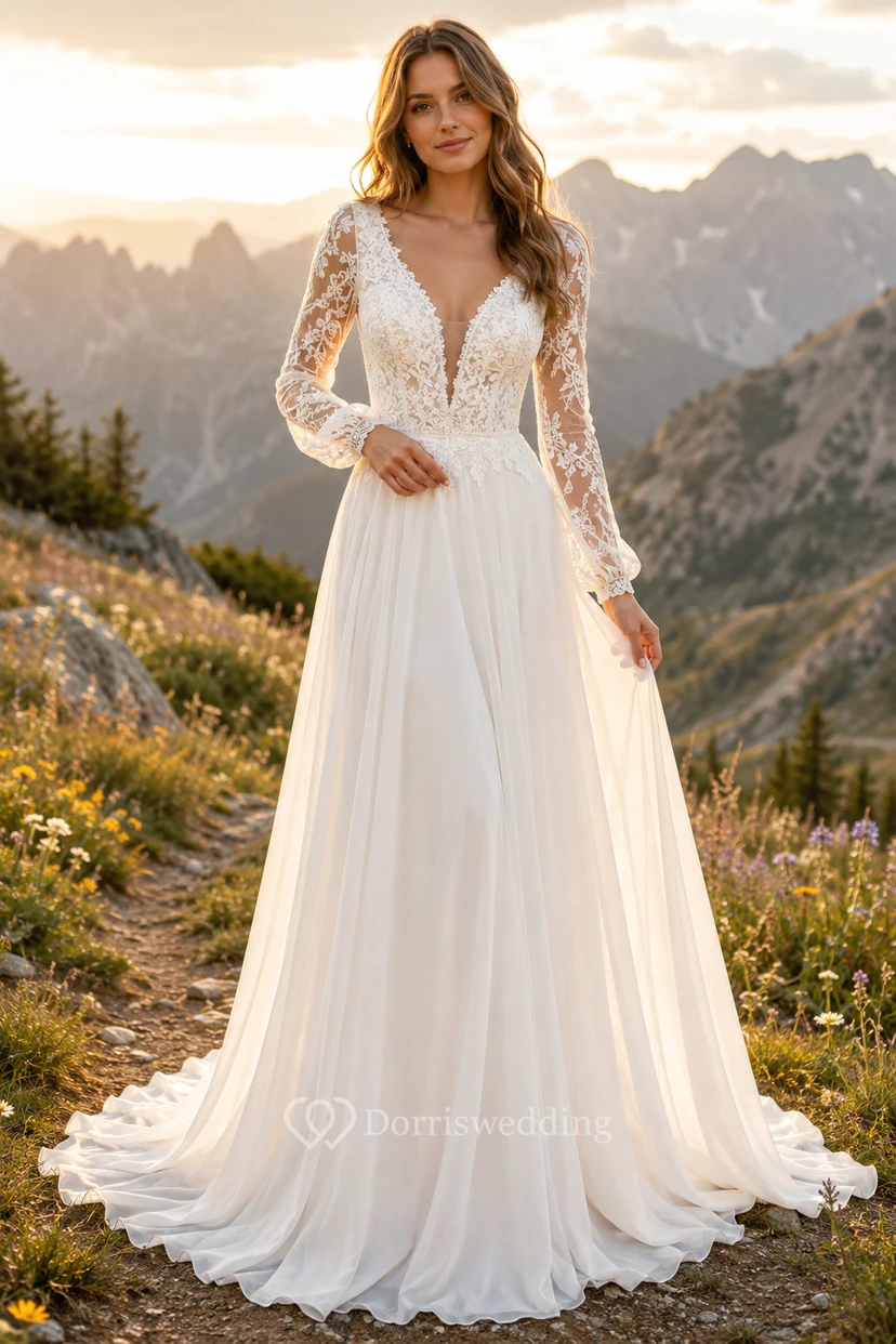 Long Sleeve Lace A-Line Mountain Wedding Dress