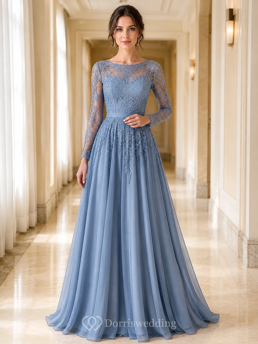 Schlichtes, staubblaues Chiffon-Spitzen-Abendkleid mit langen Ärmeln