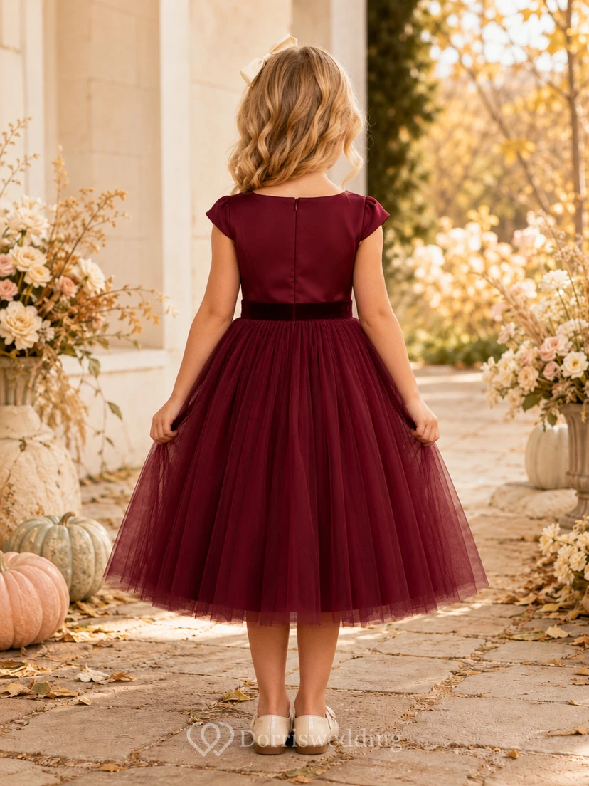 Elegant Tea-Length A-Line Garden Flower Girl Burgundy Satin Tulle Cap Sleeve Party Dress view 2