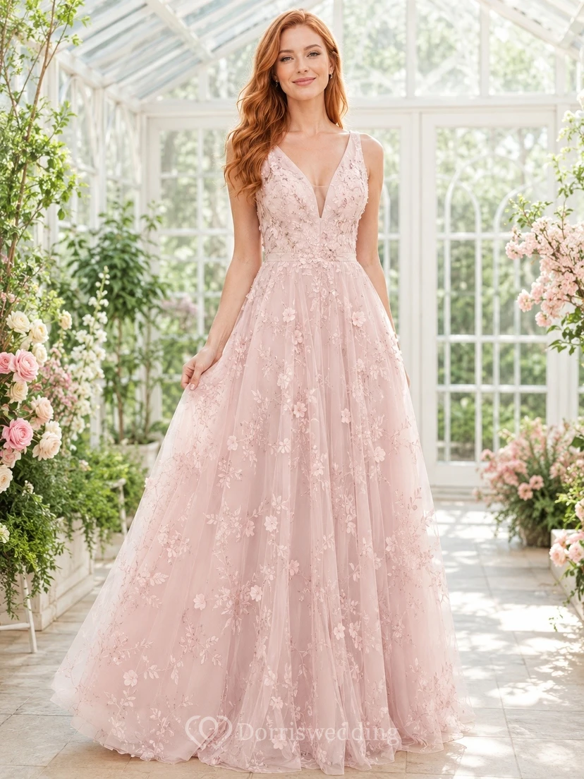Blushing Pink Lace V-Neck Sleeveless A-Line Floor-length Formal Dress
