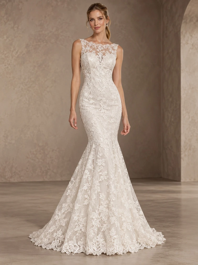 Robe de mariée sirène sans manches à col bijou en dentelle florale