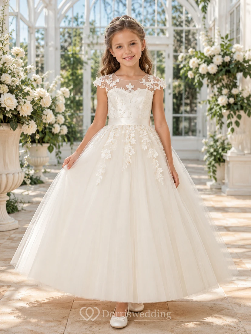 Flower Girl Dress Champagne Lace Tulle Ball Gown Jewel Neck Floor Length Sash Detail