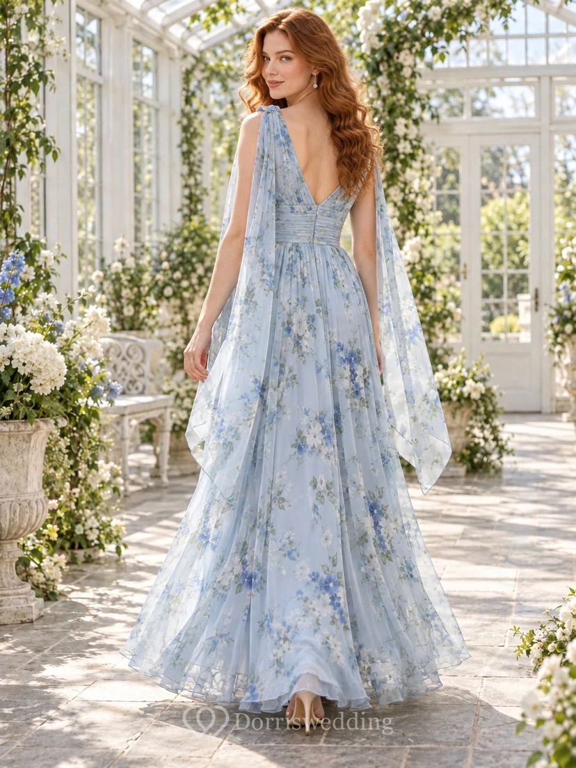 Sky Blue Floral Print Removable Shoulder Drape V-Neck Floor-Length Chiffon Bridesmaid Dress view 2