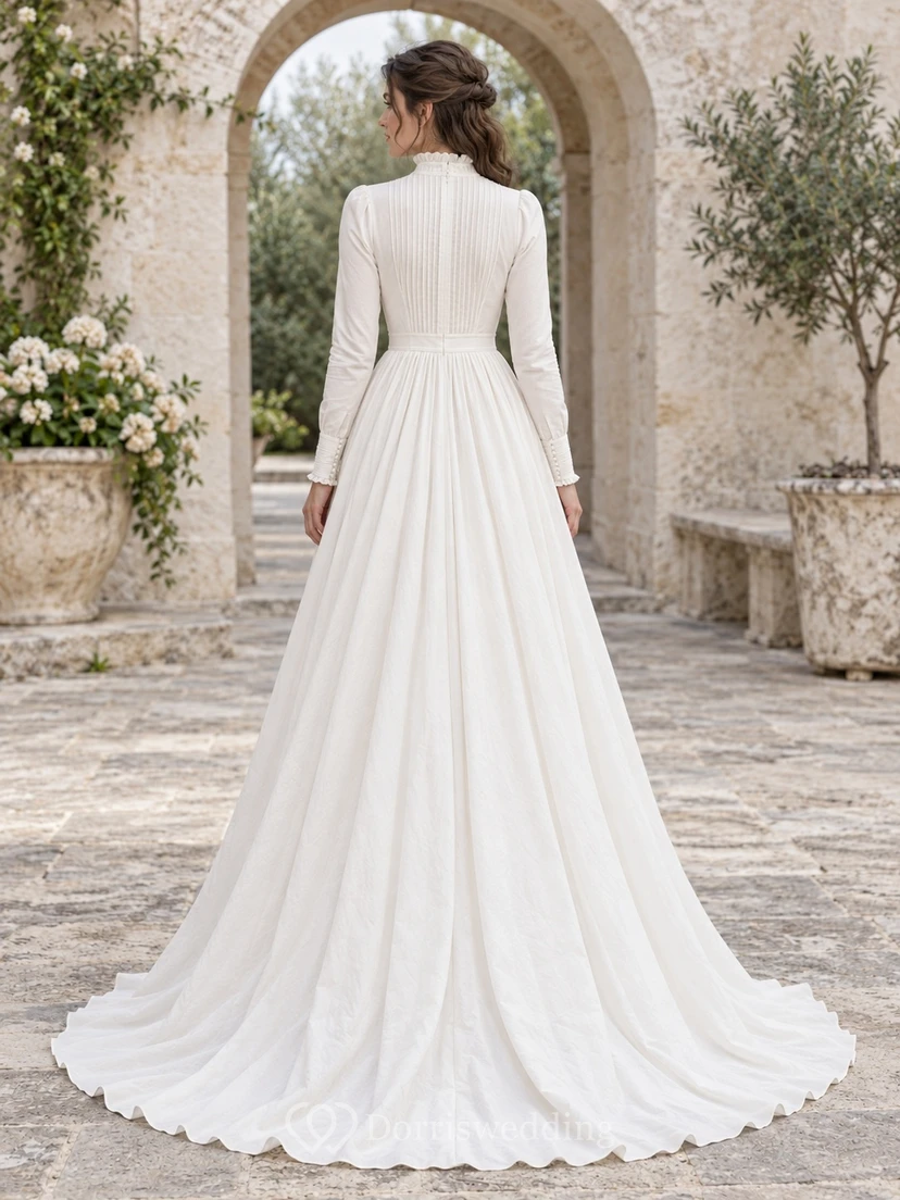 Simple Pintucked Bodice Long Sleeve High Neck Pleated Cotton A-Line Floor Length Wedding Dress view 2