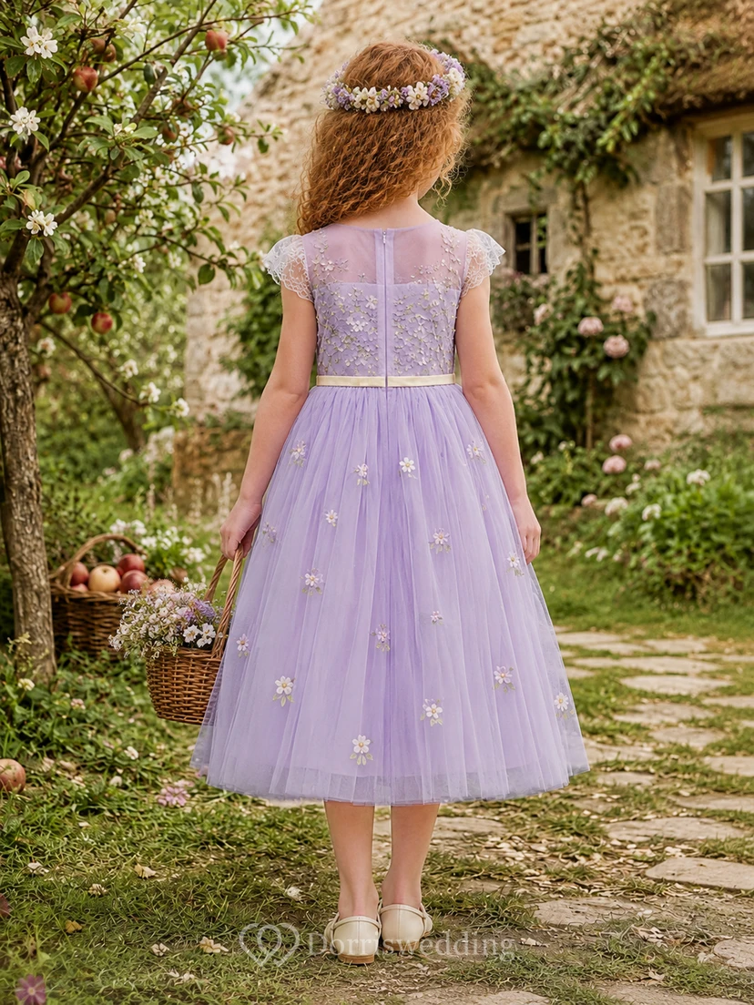 A-Line Flowergirl Lavender Tulle Floor-Length Floral Applique Cap Sleeve Cottagecore Wedding Dress view 2