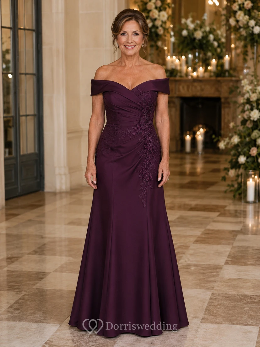 Meerjungfrauen-Kleid aus Stretch-Satin mit kurzen Ärmeln und Raffungen, schulterfrei