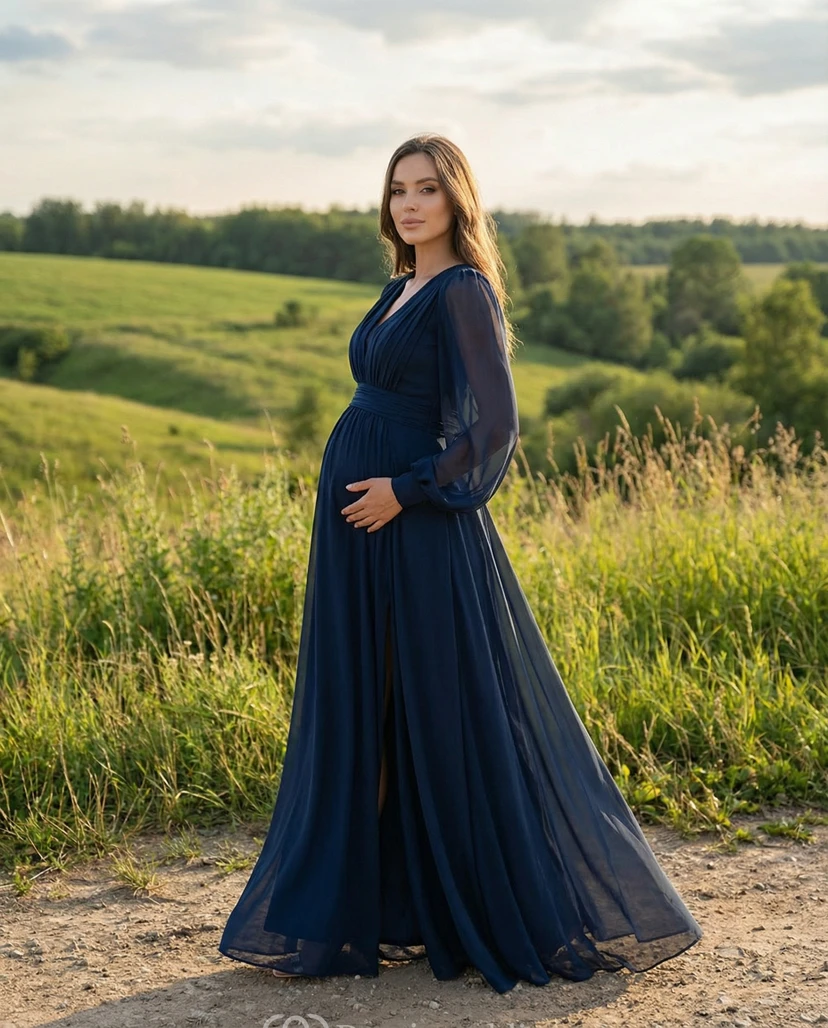 Dunkelblaues Umstandsabendkleid mit V-Ausschnitt, transparenten langen Ärmeln und Chiffonrock