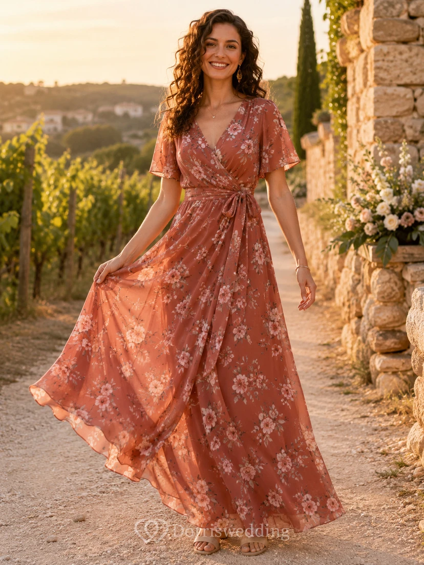 Rust Floral V Neck Flutter Chiffon A Line Country Bridesmaid Dress