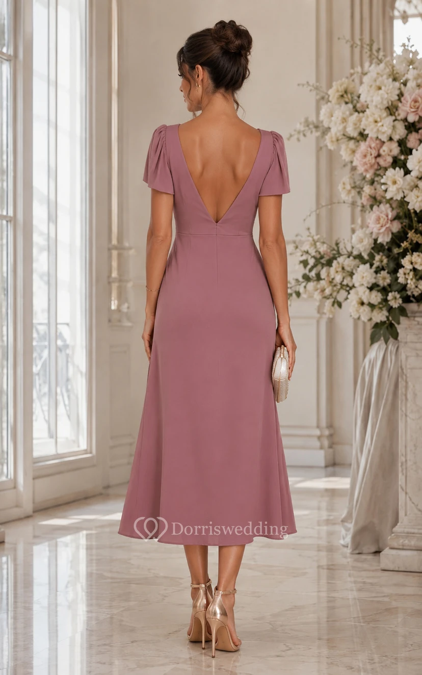 Dusty Rose V-neck Wrap Tea-Length Dress view 2