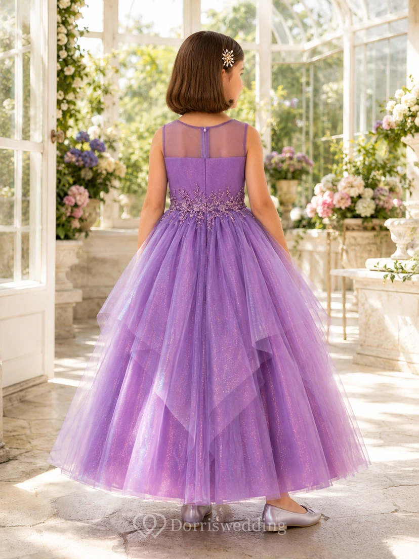 Flower Girl Dress A-Line Orchid Iridescent Tulle Sleeveless Formal Party view 2
