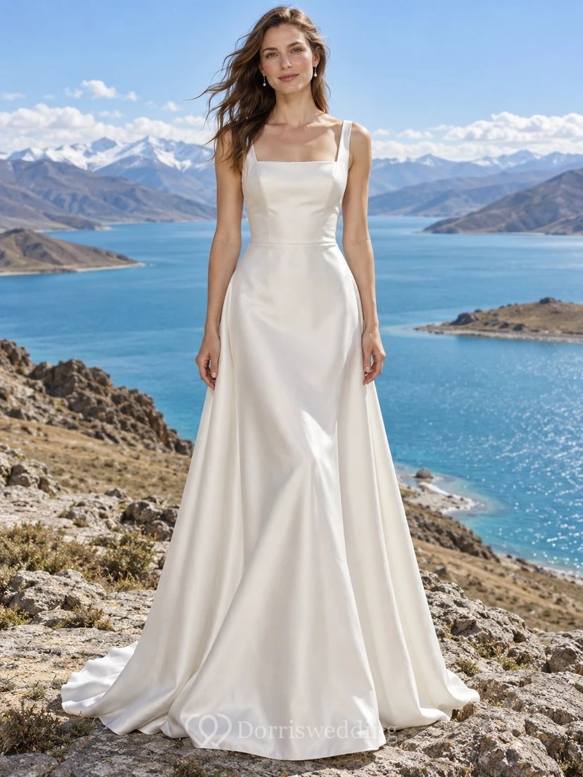 Vestido de novia sencillo de satén con escote cuadrado y sin mangas, corte en A