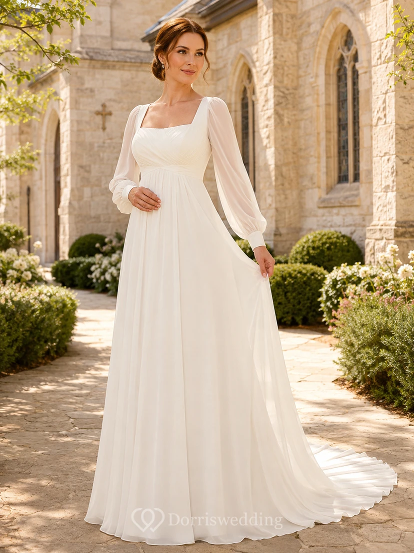 Vestido de novia bohemio de gasa, corte en A, escote cuadrado, manga larga, cola larga.