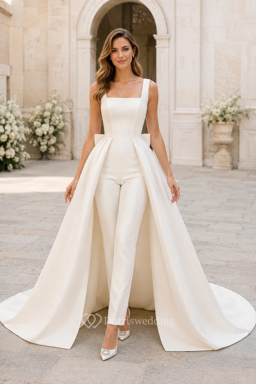 Combinaison de mariée à col carré avec nœud dans le dos et surjupe en satin