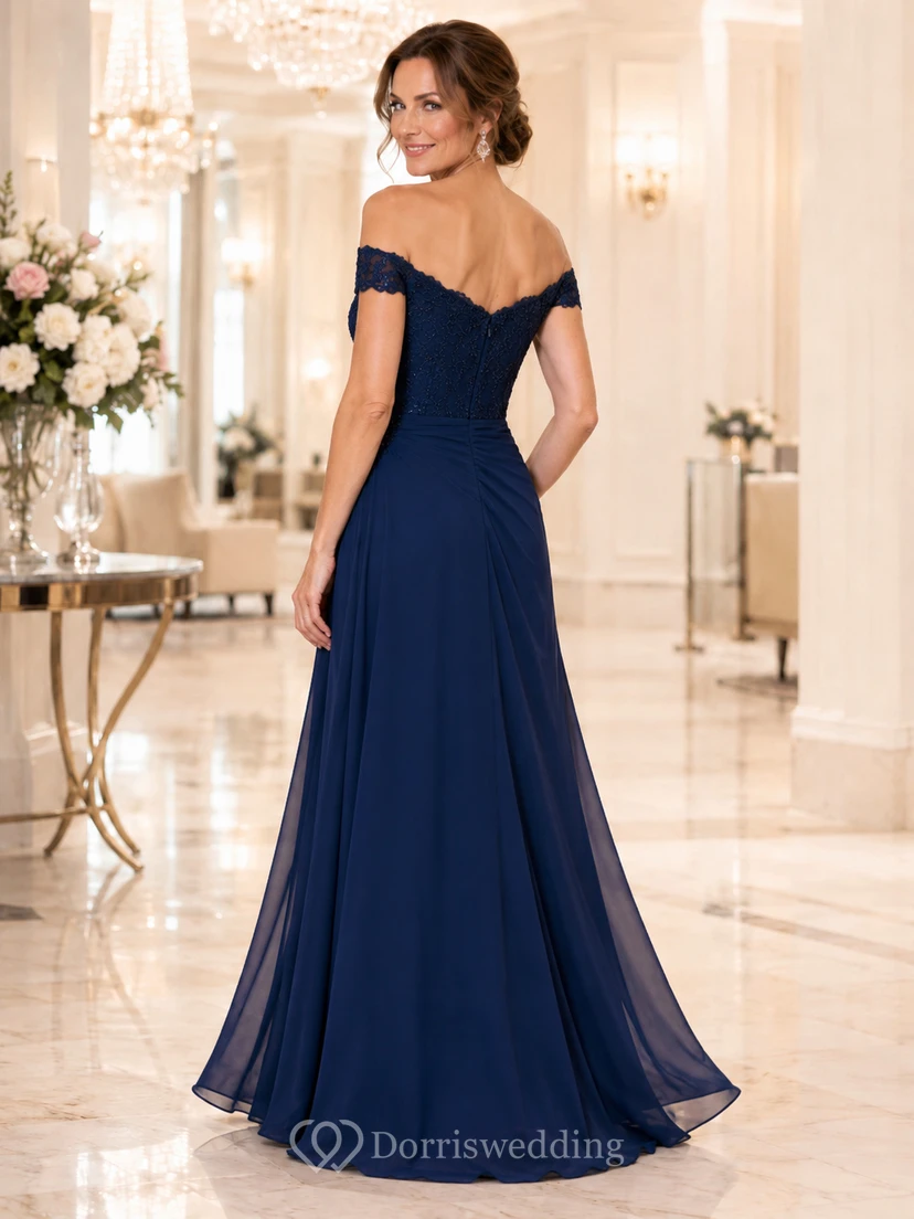 Dark Navy Off Shoulder Lace Ruched Chiffon A-Line Floor Mother Quinceanera Gown view 2