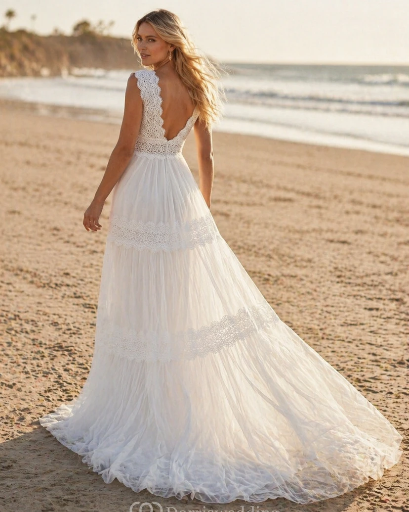 Whimsical Boho V-Neck Lace and Tulle Wedding Dress with Tiered Skirt view 2