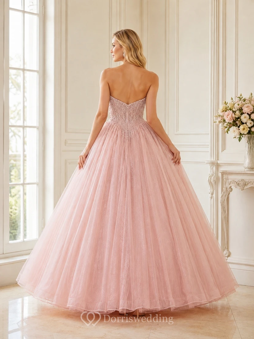 Pearl Pink Tulle Strapless Sweetheart Ball Gown Floor-Length Romantic Prom Dress view 2