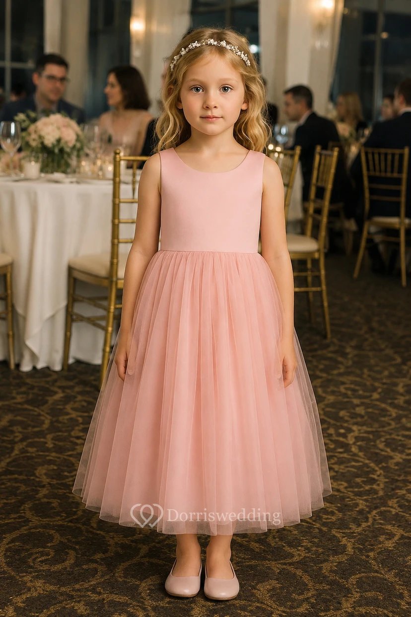 Purple Scoop-neck Sleeveless Satin A-line Tulle Flowergirl Dress view 9