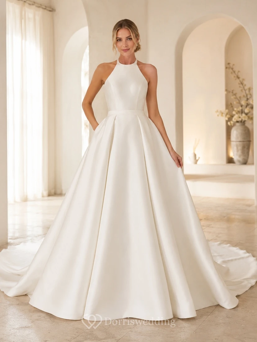 Vestido de novia sencillo de corte princesa con escote halter y cola lisa.