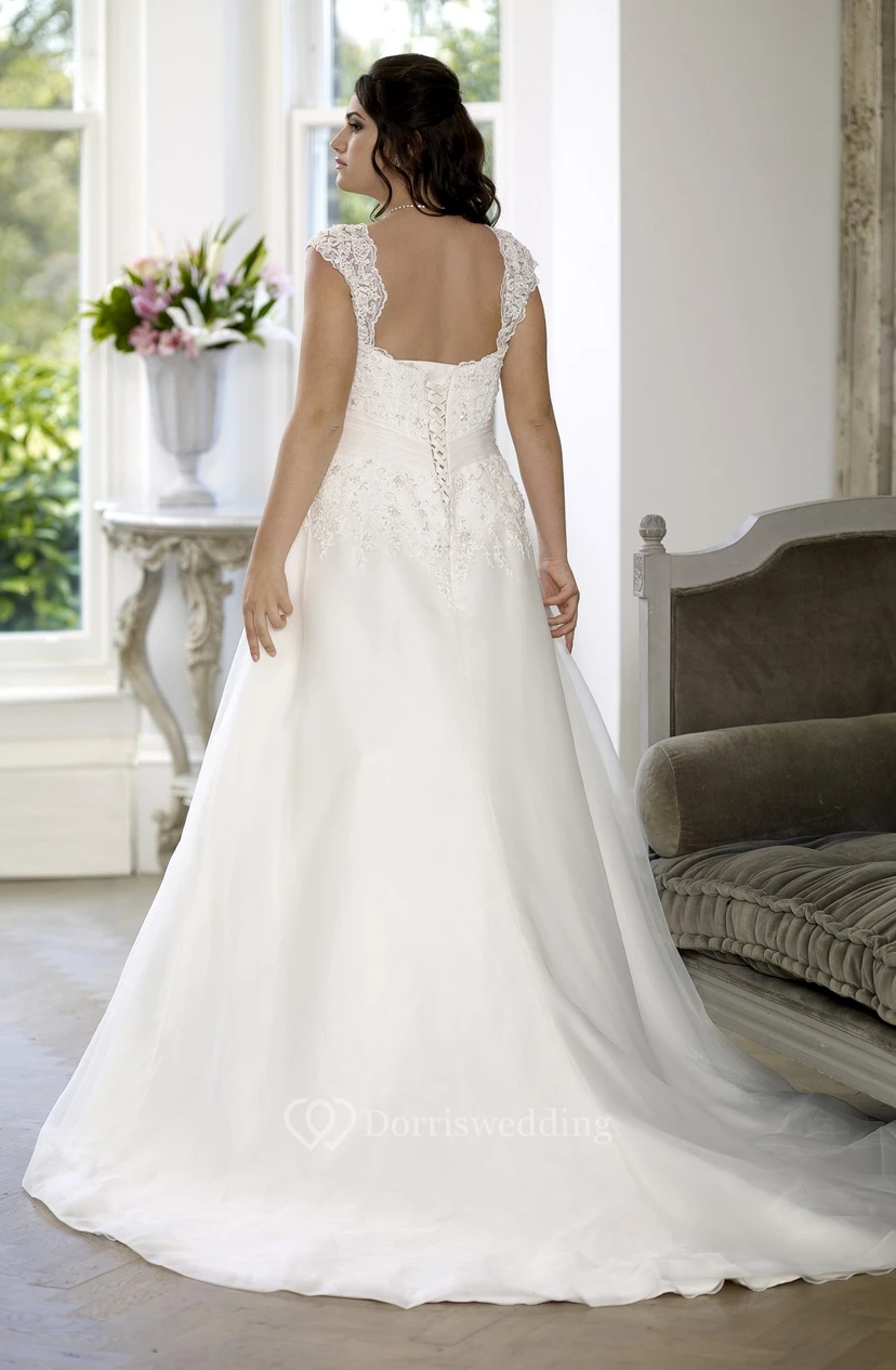 Ball Gown Floor-Length Queen Anne Sleeveless Satin Court Train Lace-Up Back Appliques Dress view 2