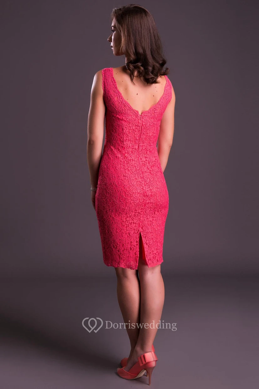 Pencil Sleeveless Jewel-Neck Split-Back Knee-Length Lace Prom Dress view 2