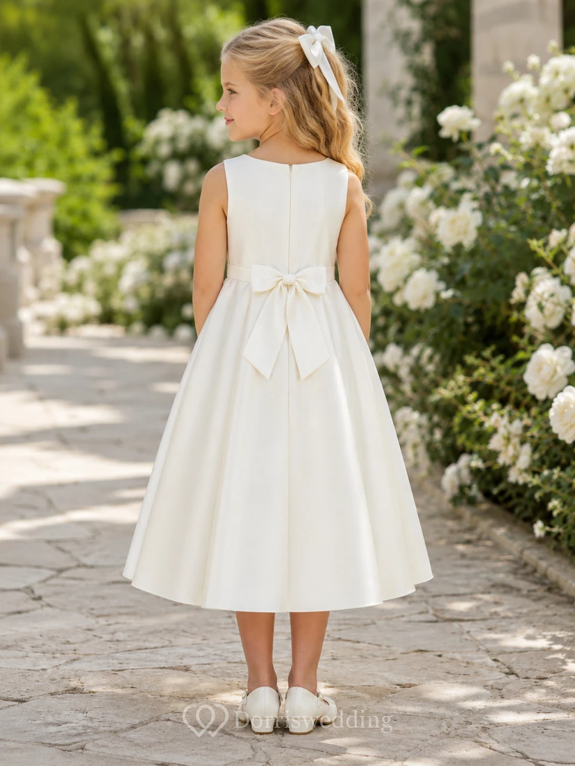 Klassisches, ärmelloses Satin-Kleid in Teelänge, A-Linie und U-Boot-Ausschnitt mit Schleife, perfekt für Blumenmädchen und Gartenhochzeiten view 2