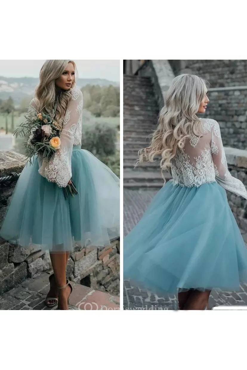 Zweiteiliges, a-Linienförmiges, langärmeliges Homecoming-Kleid aus Spitze und Tüll in Teelänge view 3