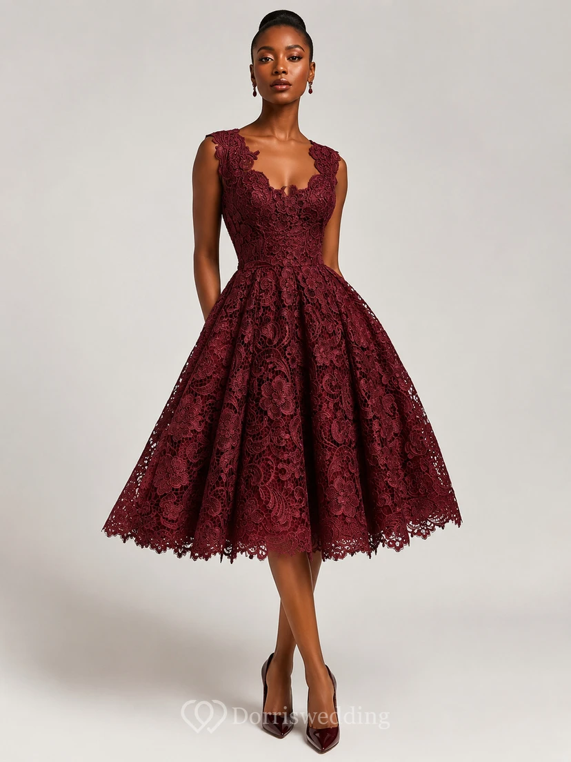 Low V Neckline A-line Knee Length Lace Dress view 5