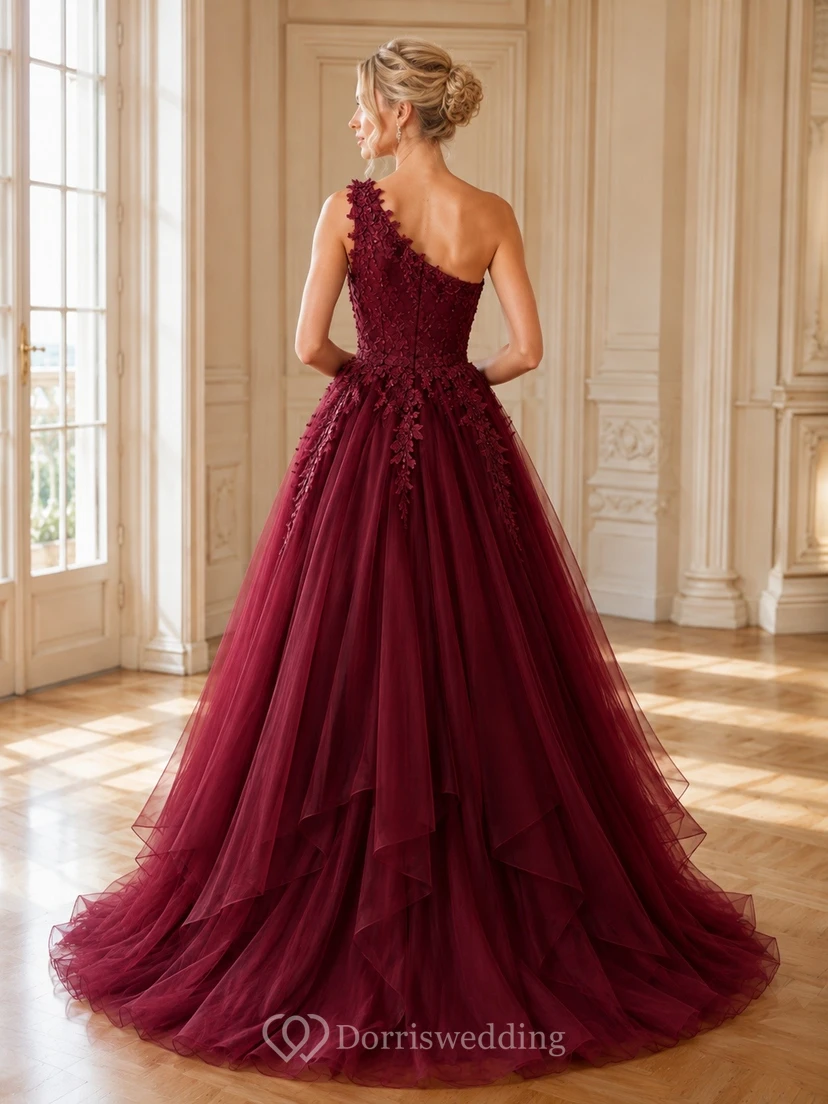 Burgundy One-Shoulder Ruffled Tulle Tiered Ball Gown Prom Dress view 2