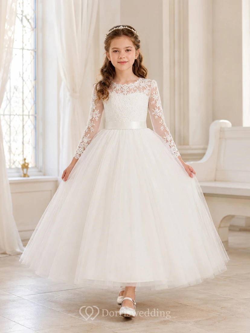 Knöchellanges Kleid aus Spitze und Tüll für Kommunionmädchen