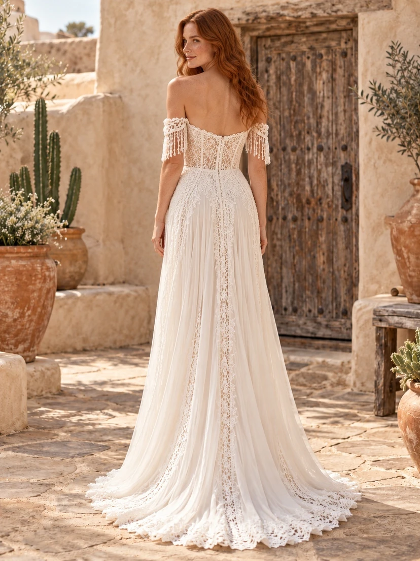 Boho Off Shoulder Fringe Sleeve Lace Chiffon Bridal Wedding Dress view 2