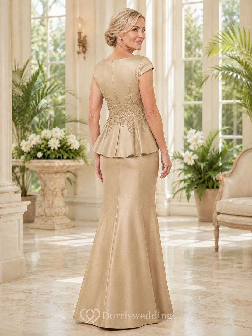 Antique Gold Modern Bateau Cap-Sleeve Satin Mermaid Floor-Length Mother of the Bride Gown with Structured Peplum view 2