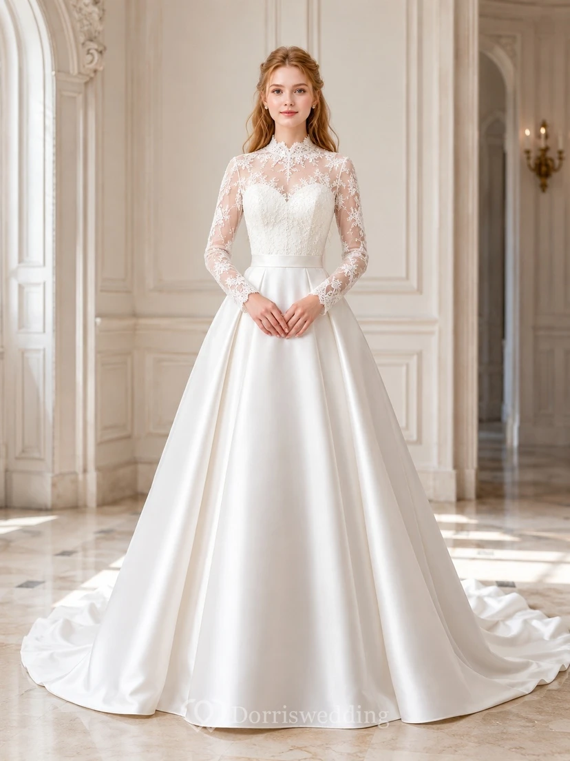Lace Illusion Neck Long Sleeve A-line Sweep Train Formal Dress
