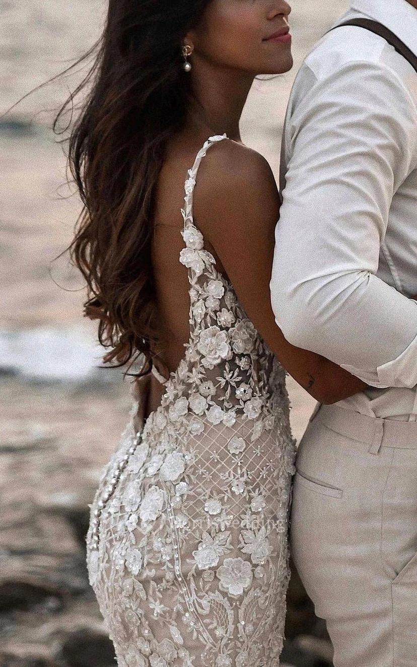 Strapped V-neck Beach Sheath Mermaid Lace Deep-v Back Wedding Dress view 4
