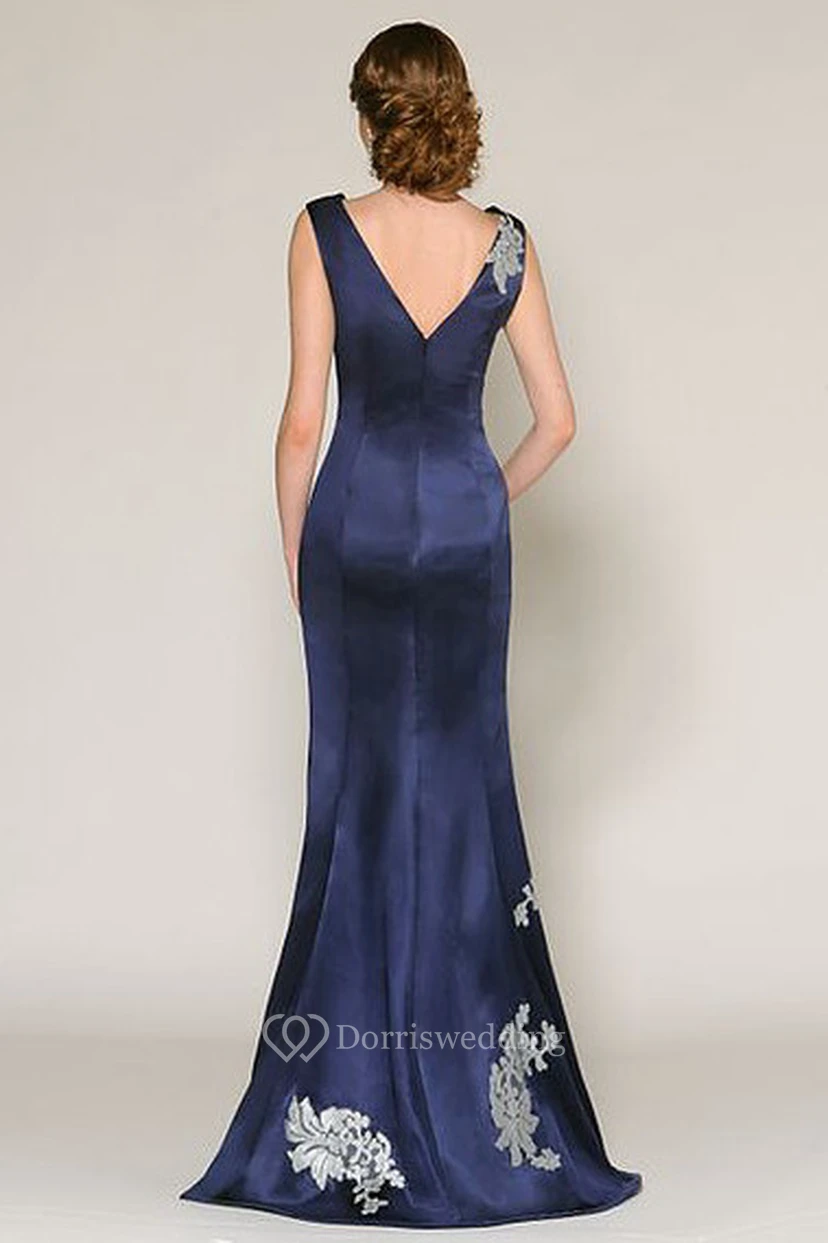 Trumpet Appliqued Sleeveless V-Neck Long Satin Prom Dress view 2