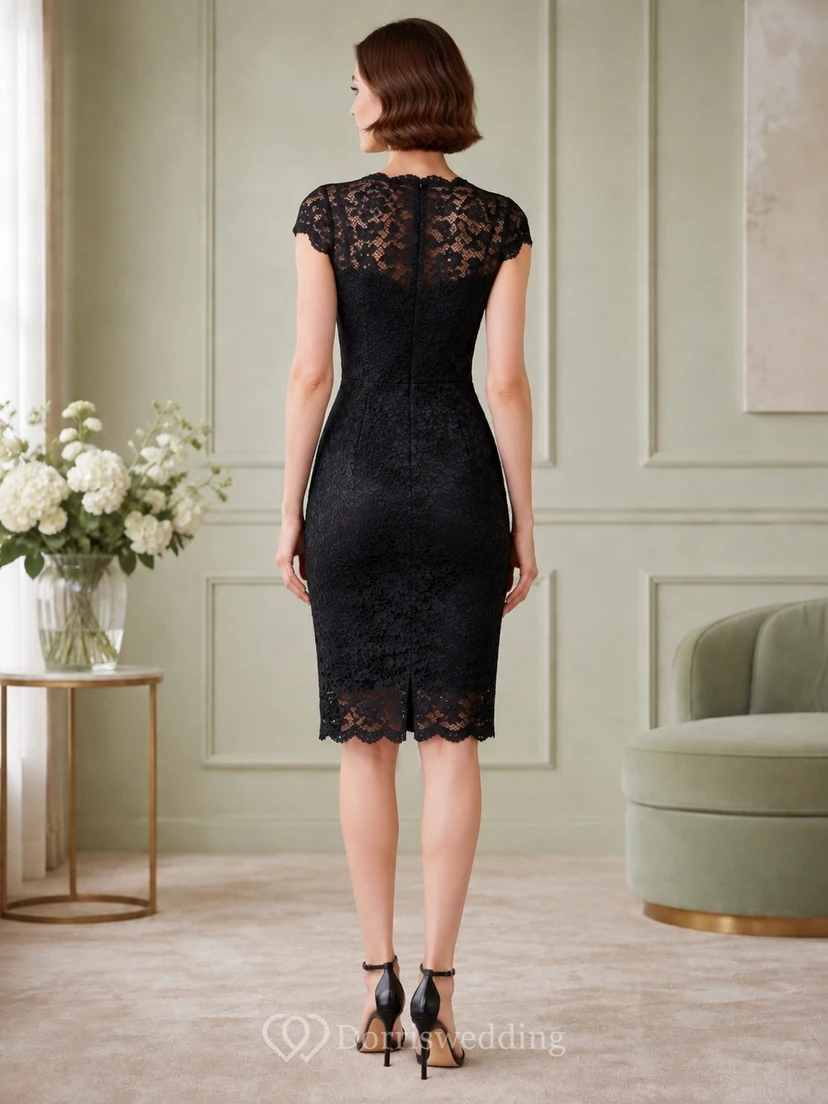 Robe fourreau en dentelle noire à col rond et manches courtes, longueur genou view 2