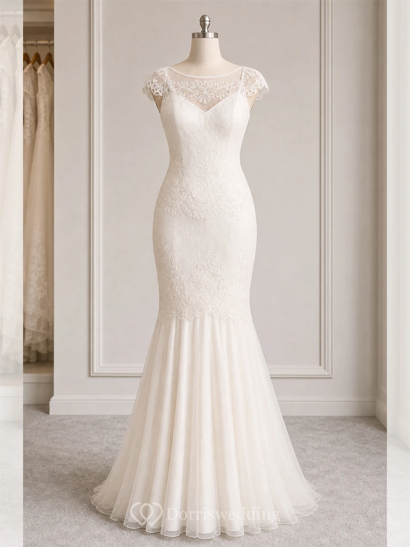 Vestido de novia maxi de encaje con escote redondo y mangas cortas con efecto ilusión. view 7