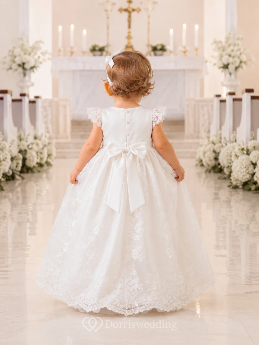 Baby-Taufkleid mit Spitzenapplikationen, A-Linie, kurzen Ärmeln und Teelänge view 2