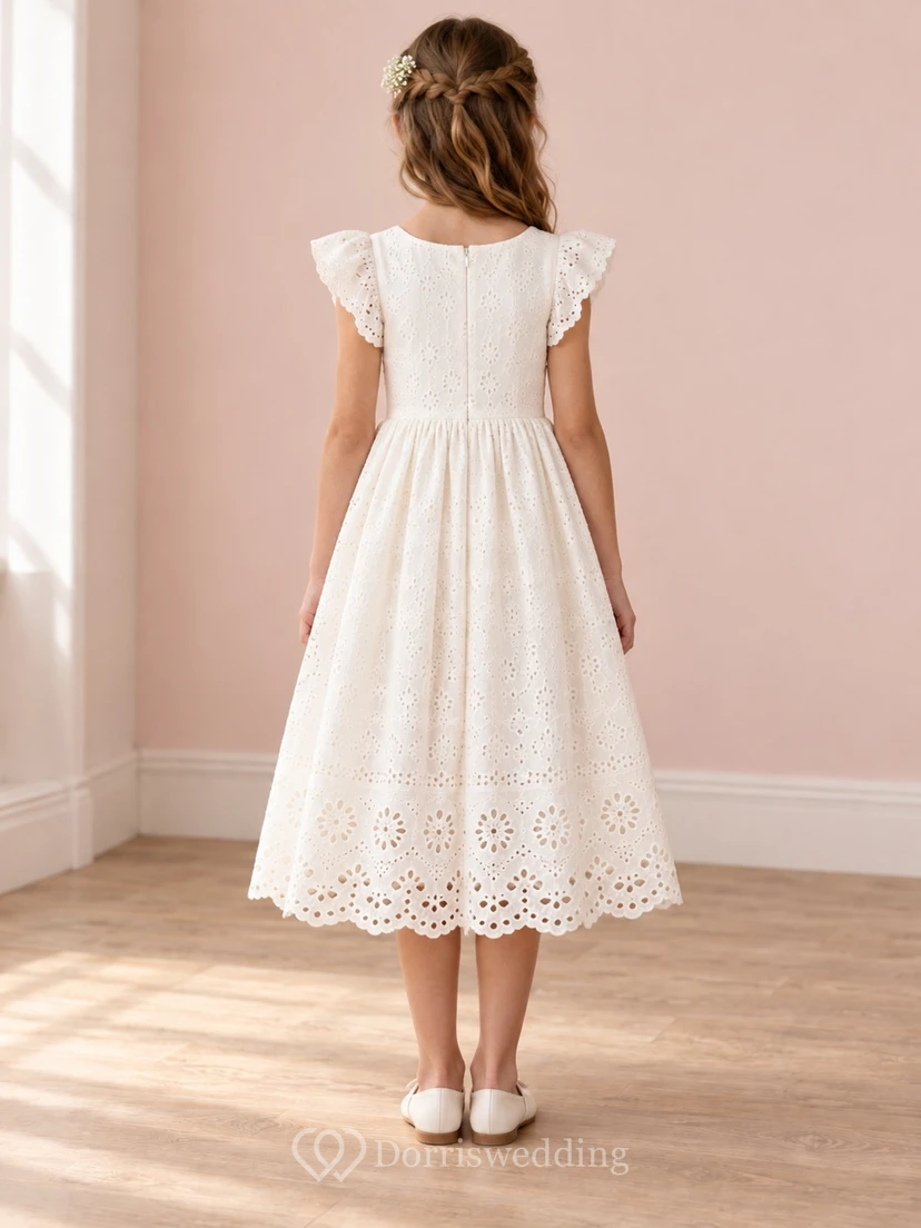 Vintage Tea-length Ivory Jewel Neck Flutter Sleeve Eyelet Cotton Flower Girl Dress view 2