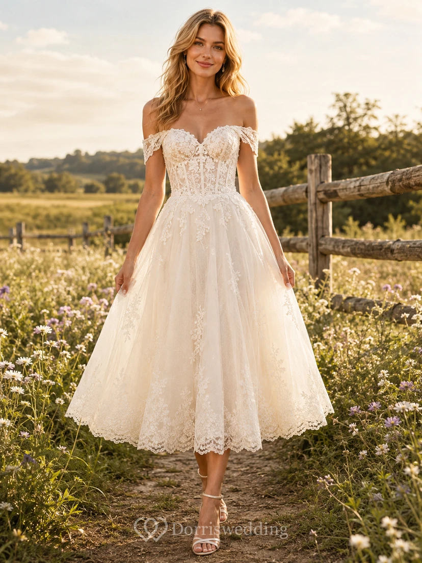 Robe de mariée vintage en dentelle et tulle, coupe trapèze, épaules dénudées, manches courtes, longueur thé, dos corset lacé