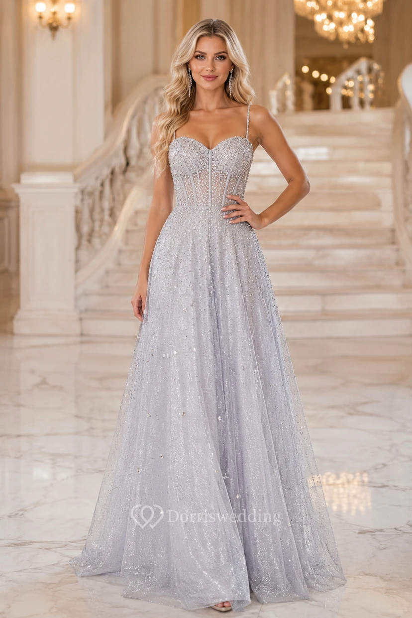 Silbernes, glitzerndes Tüll-Abendkleid in A-Linie mit Spaghettiträgern und Korsett-Oberteil für Abendveranstaltungen