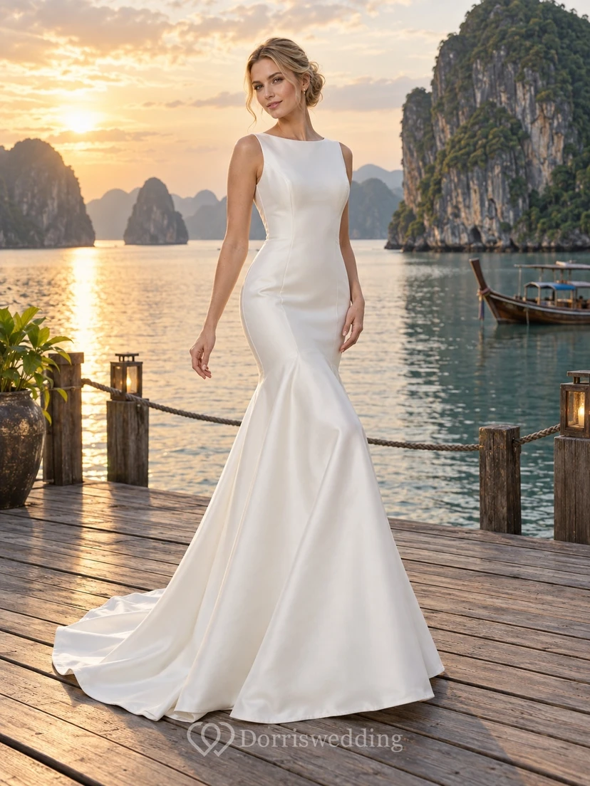 Schlichtes, ärmelloses Brautkleid aus Satin im Meerjungfrauenstil mit tiefem V-Ausschnitt und U-Boot-Ausschnitt am Rücken