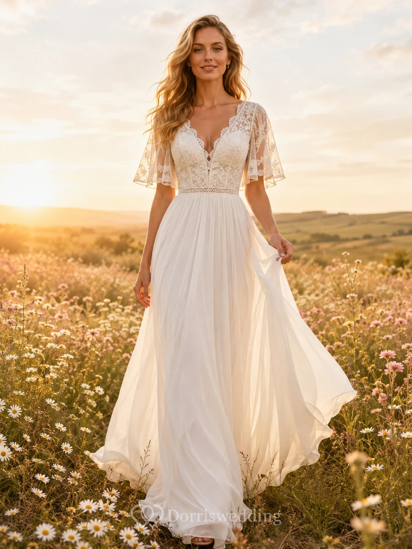 Boho V-Neck Flutter Sleeve Chiffon Country Wedding Dress