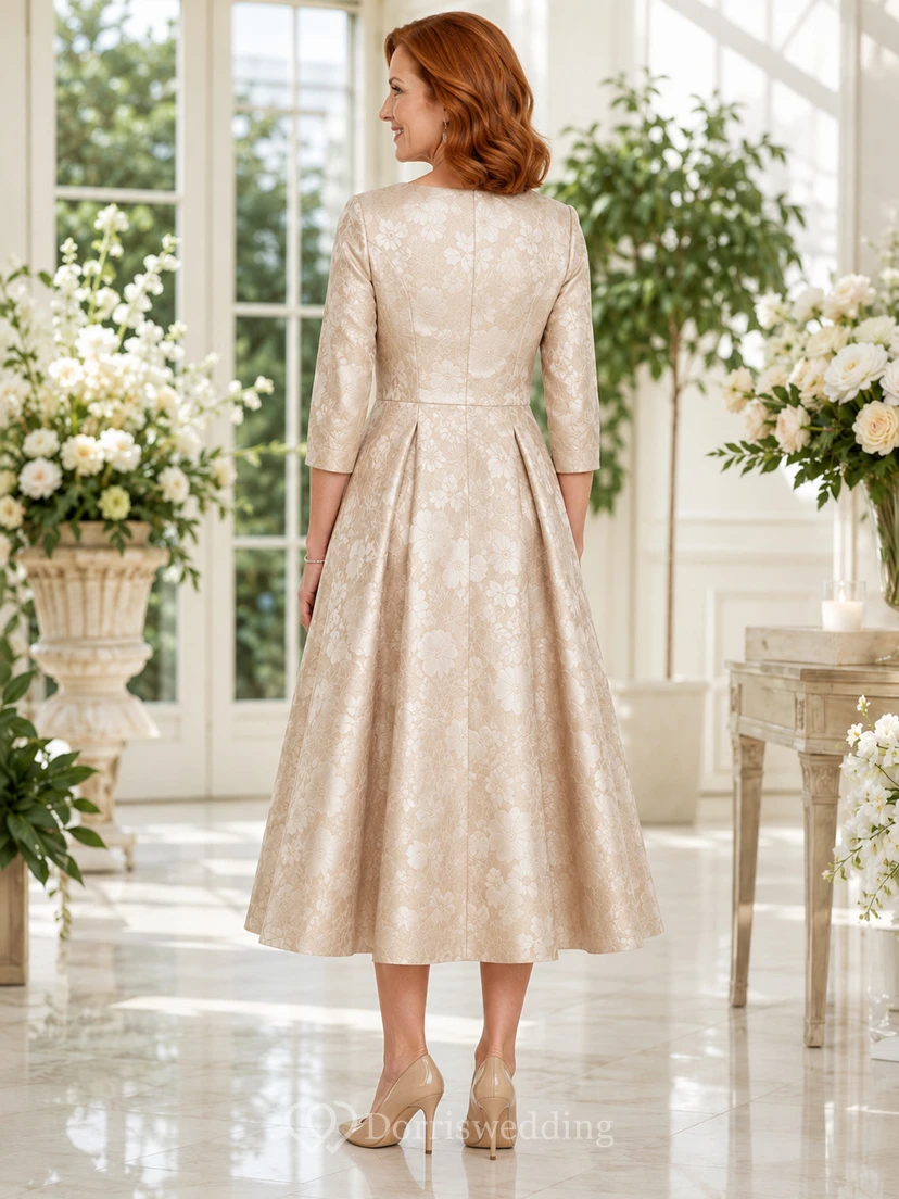 Robe midi élégante et formelle en brocart champagne à col bateau view 2